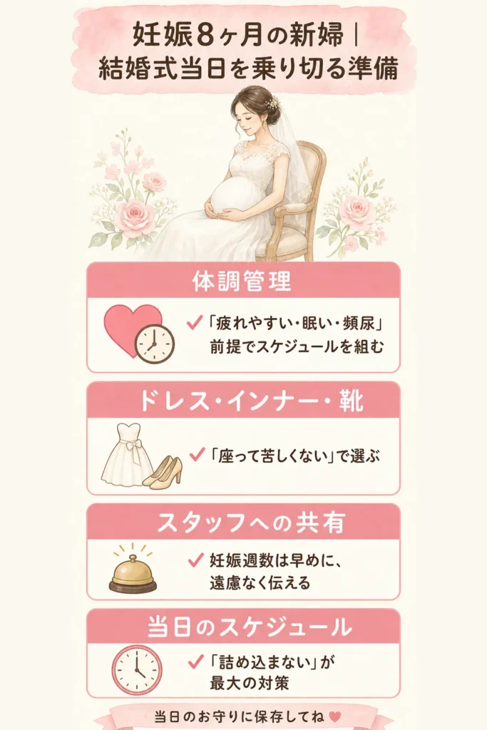 妊娠8ヶ月の新婦が結婚式当日を乗り切る準備（体調管理・ドレス・スタッフ共有・当日スケジュール）