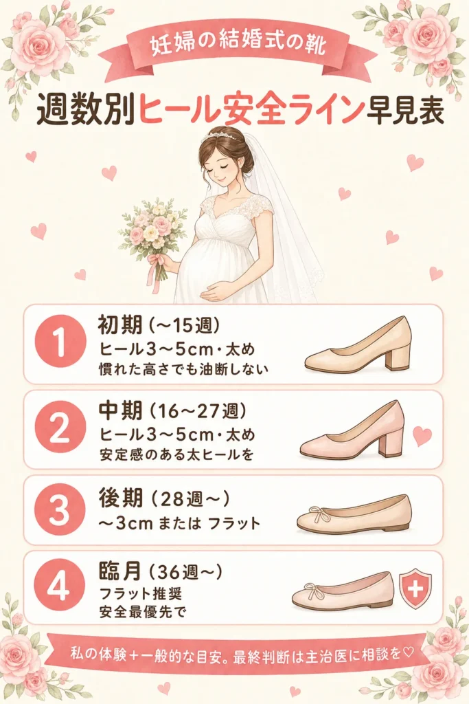 妊婦の結婚式の靴｜週数別ヒール安全ライン早見表（初期・中期は太め3〜5cm、後期は3cm以下かフラット、臨月はフラット推奨。最終判断は主治医に相談）
