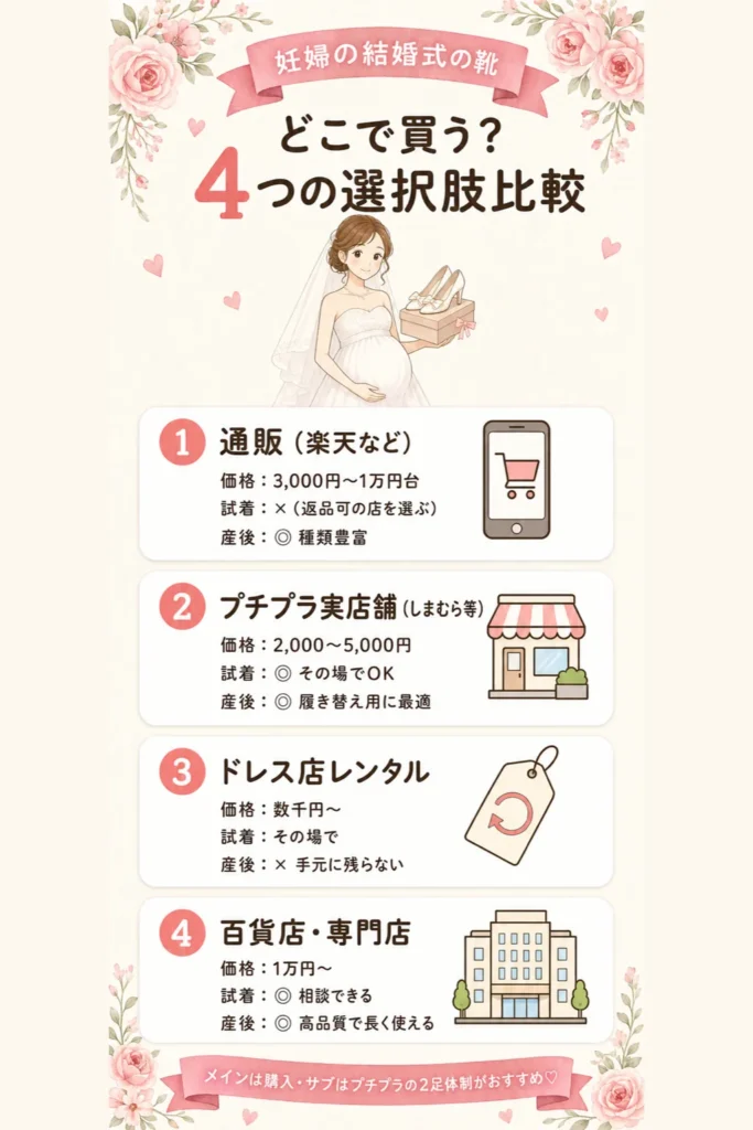 妊婦の結婚式の靴はどこで買う？通販・プチプラ実店舗・ドレス店レンタル・百貨店の4つの選択肢を価格・試着・産後の使いやすさで比較