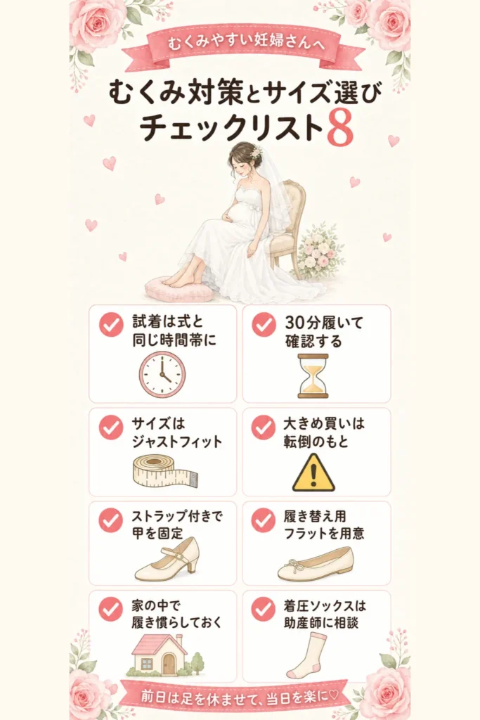 妊婦の結婚式の靴のむくみ対策とサイズ選びチェックリスト8（式と同じ時間帯に試着・ジャストフィット・ストラップ付き・履き替え用フラットなど）