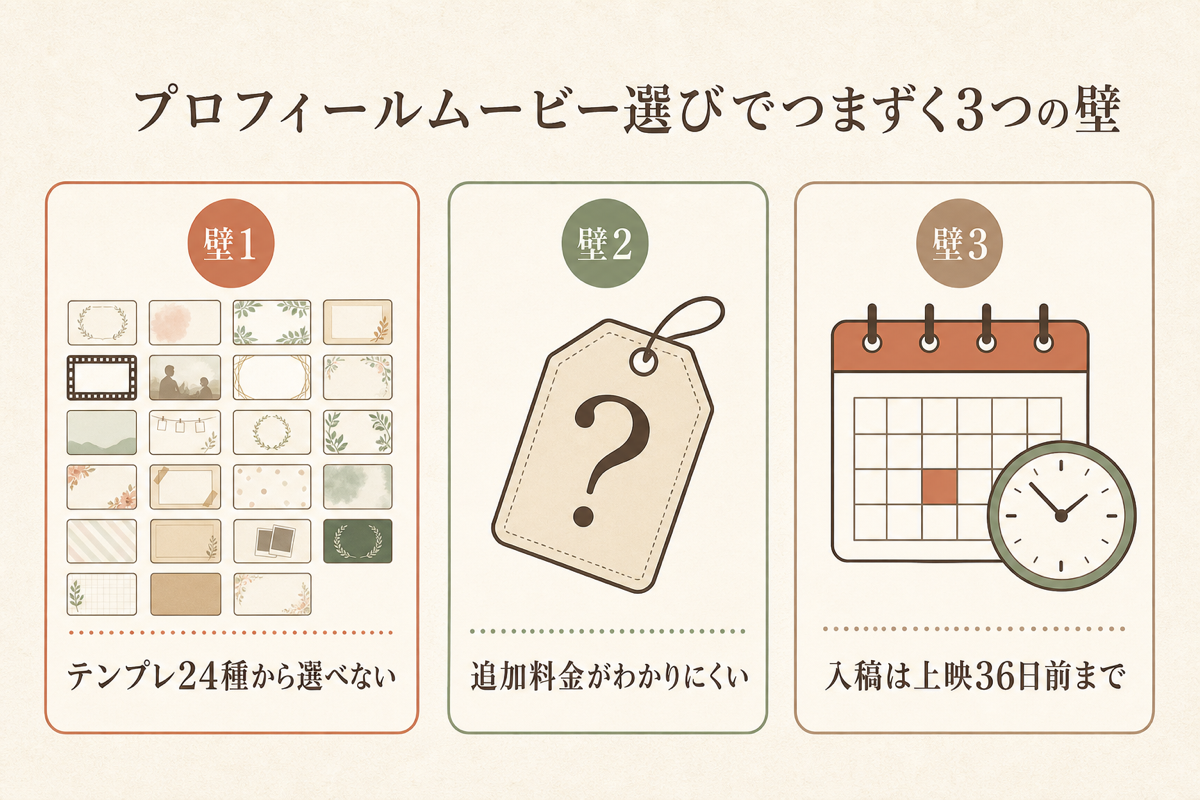 プロフィールムービー選びでつまずく3つの壁の図解