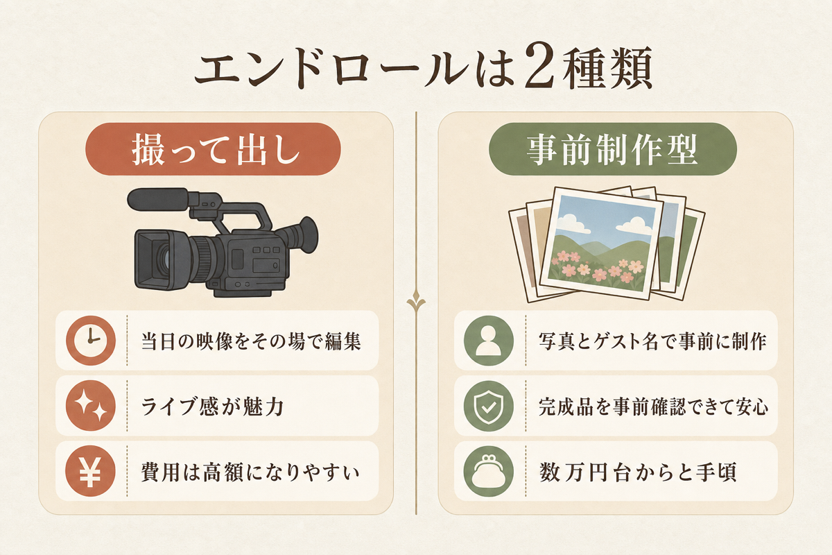 エンドロールは2種類、撮って出しと事前制作型の違いの図解