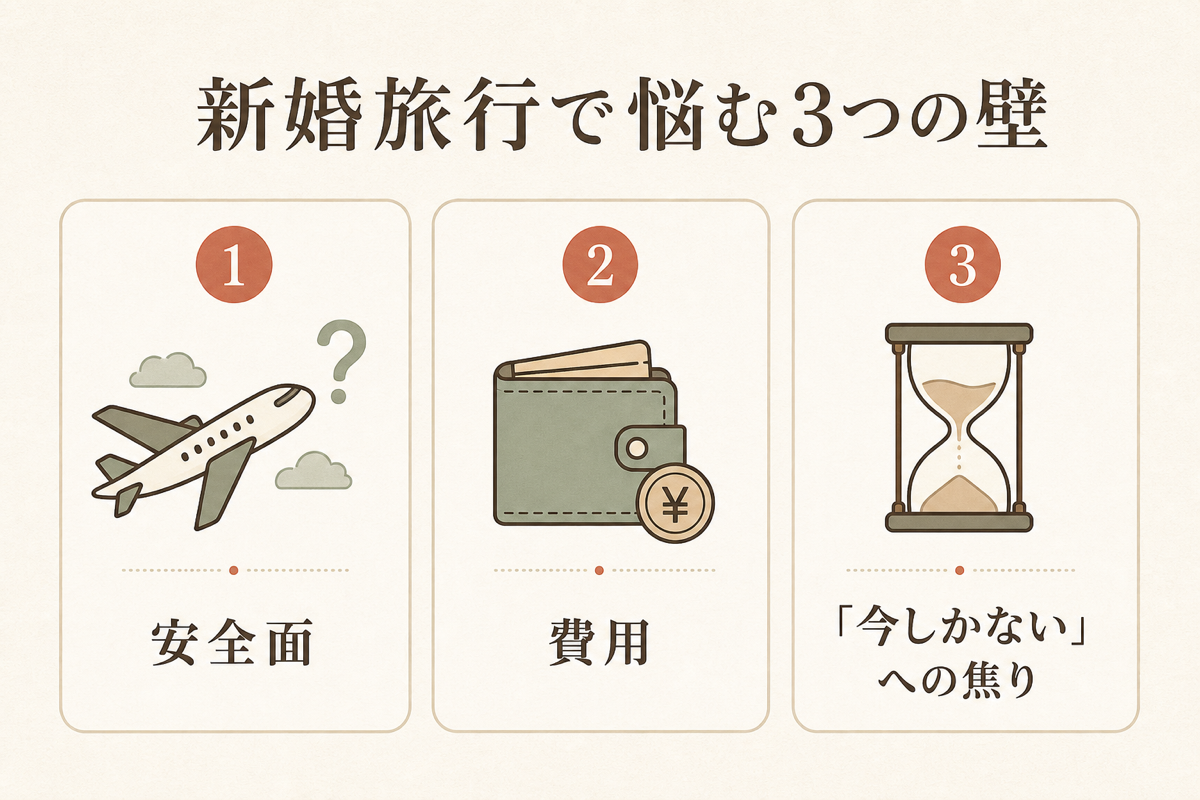 新婚旅行で悩む3つの壁の図解