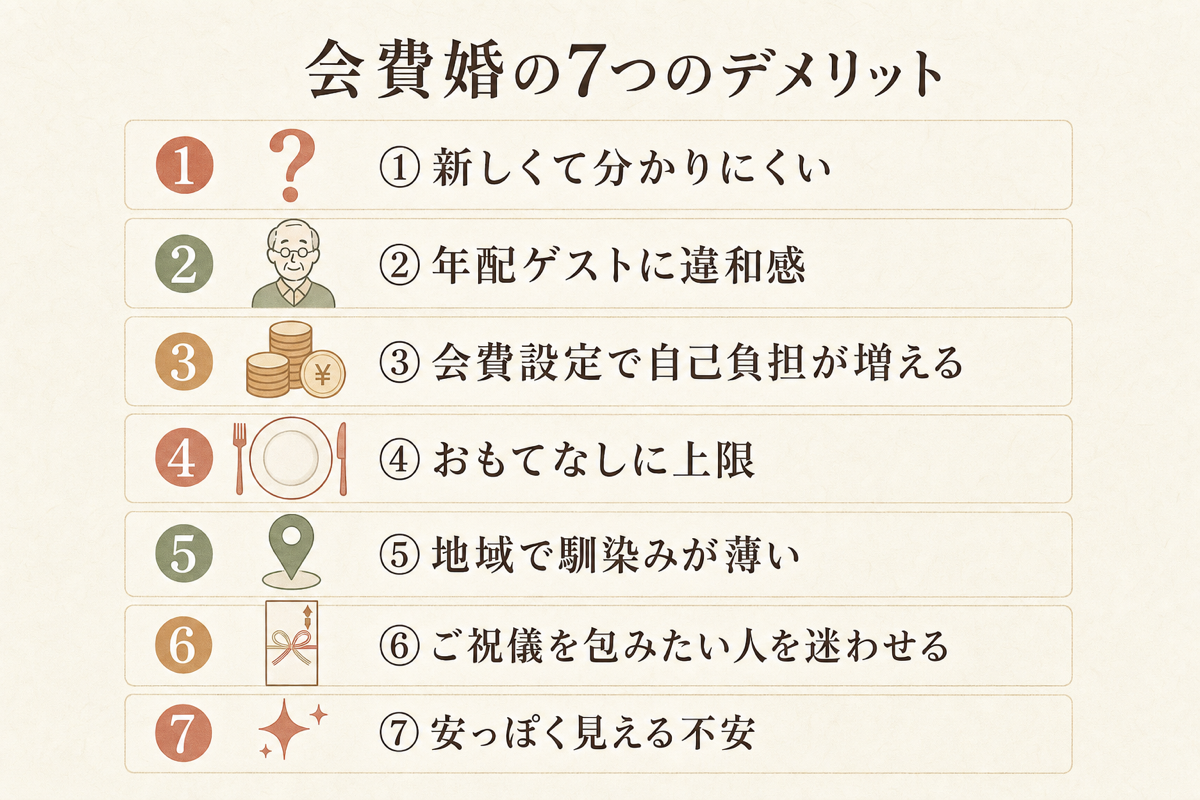 会費婚の7つのデメリット一覧（①新しくて分かりにくい〜⑦安っぽく見える不安）