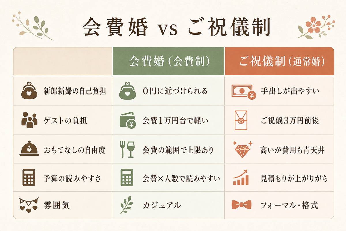 会費婚とご祝儀制の比較（自己負担・ゲスト負担・予算の読みやすさ）