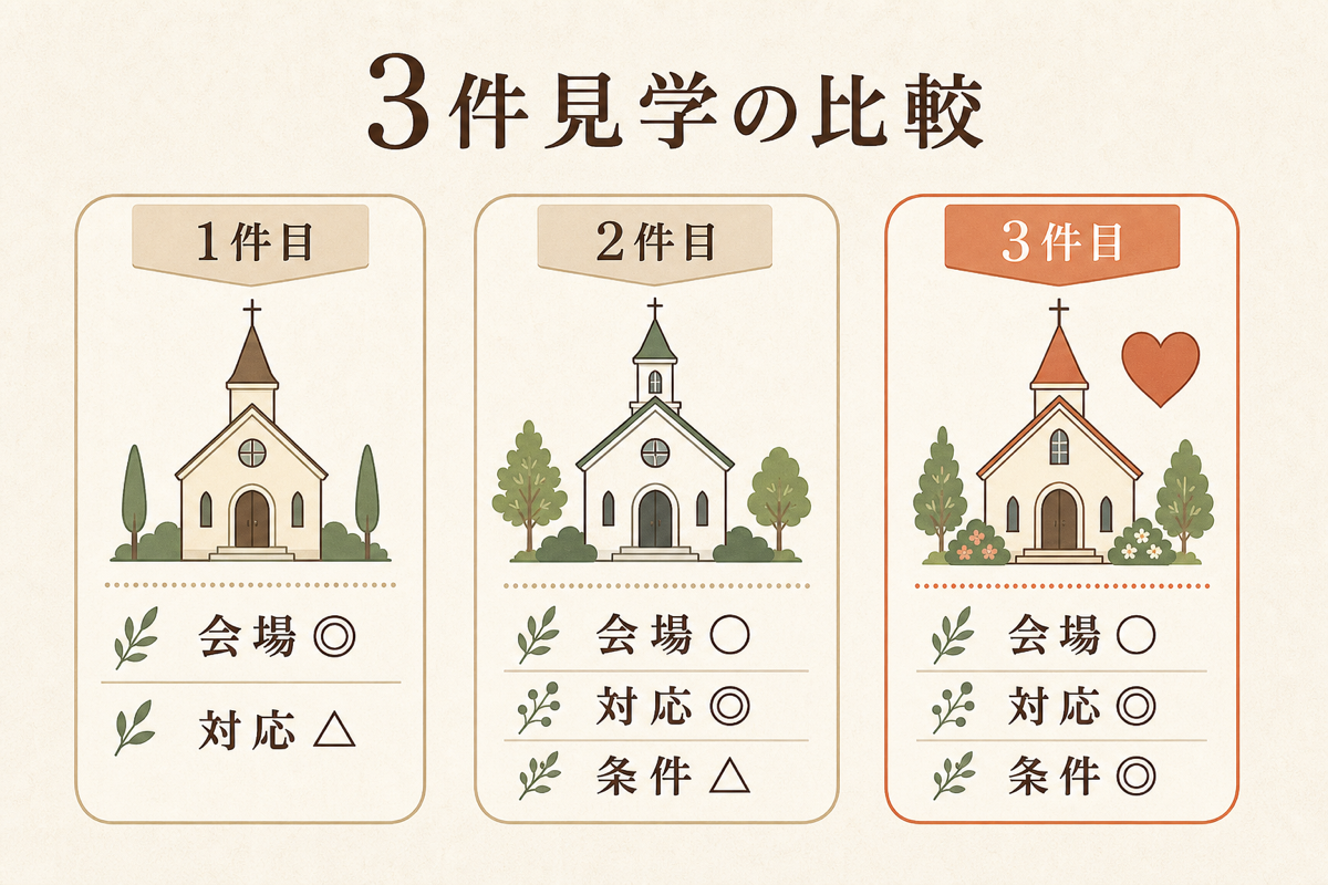 3件見学の比較(会場・対応・条件)の図解