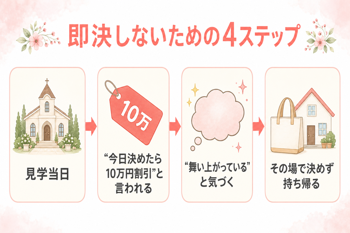 式場見学の即決を断って持ち帰る流れの図解（要生成）