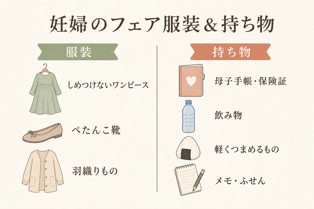 妊婦のブライダルフェア服装と持ち物チェックリストの図解