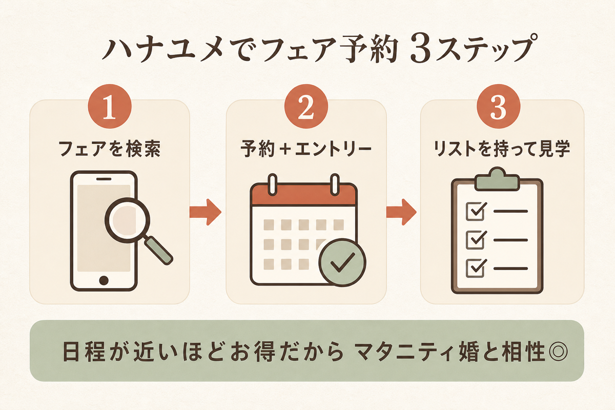 ハナユメでブライダルフェアを予約する3ステップの図解