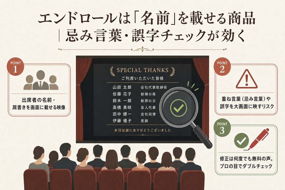 エンドロールは名前を載せる商品｜忌み言葉・誤字チェックの図解