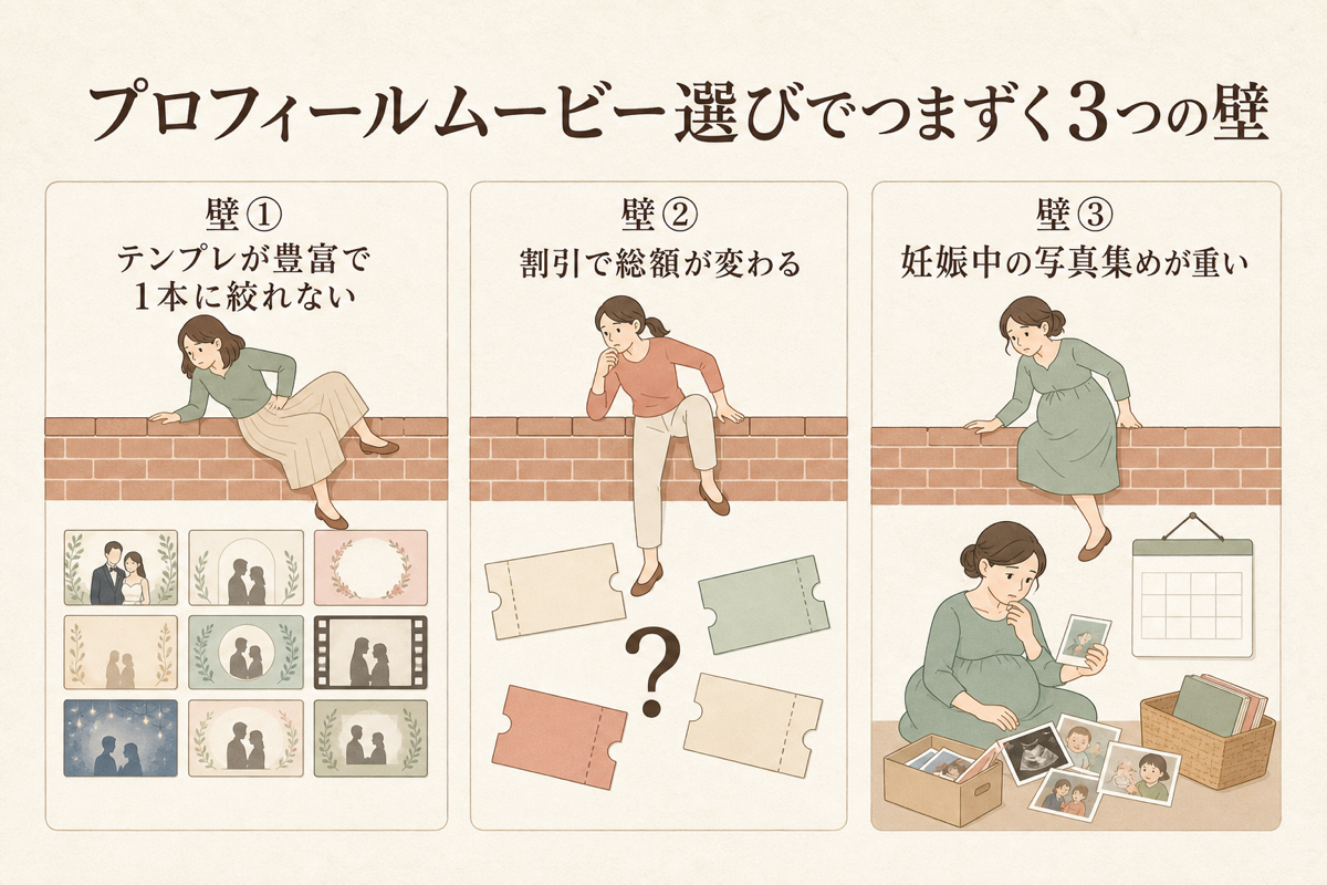 プロフィールムービー選びでつまずく3つの壁の図解