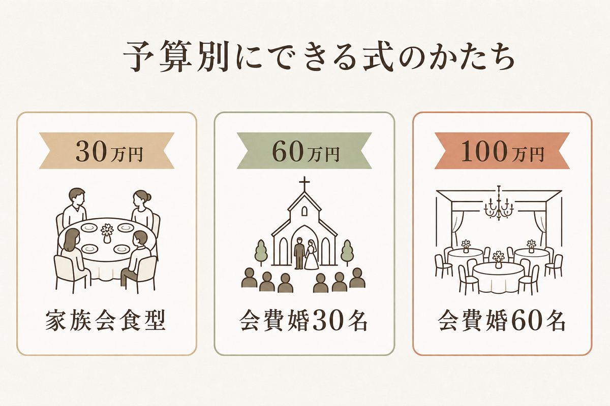 予算別にできる式のかたち(30万・60万・100万円)の図解
