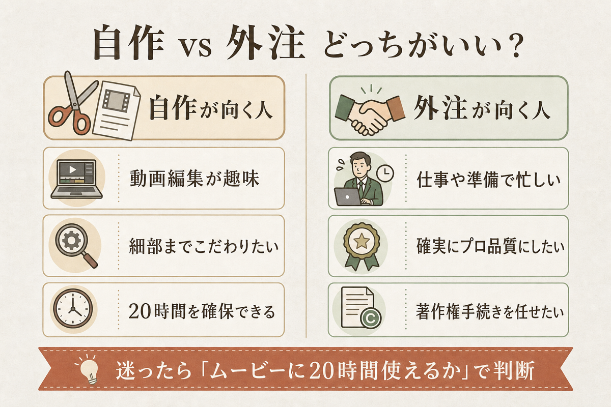 オープニングムービー自作vs外注どっちがいいかの比較図解