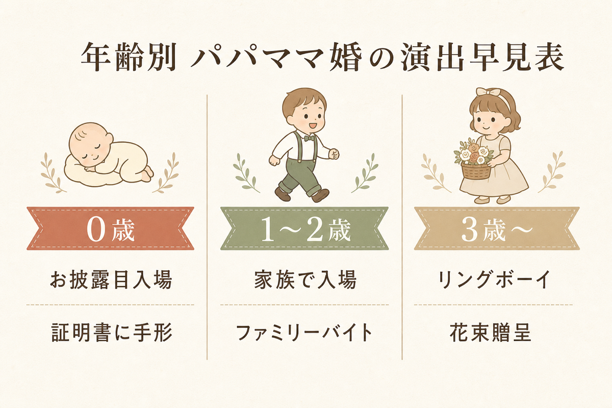 年齢別パパママ婚演出の早見表図解(0歳・1〜2歳・3歳〜)
