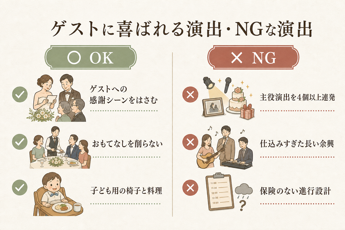 ゲストに喜ばれる配慮とNG演出の対比図解