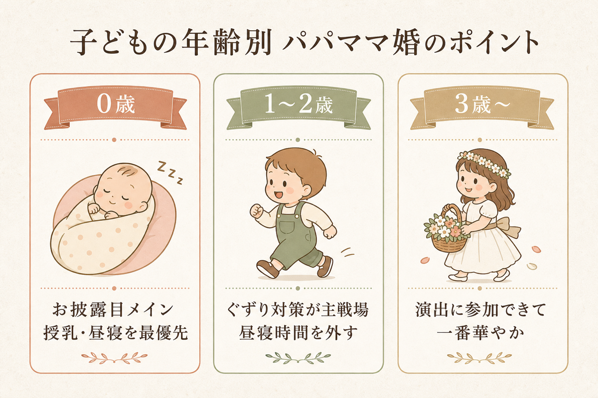 子どもの年齢別パパママ婚のポイント図解（0歳・1〜2歳・3歳〜）