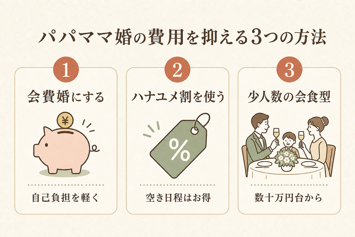 パパママ婚の費用を抑える3つの方法の図解（会費婚・ハナユメ割・少人数会食型）