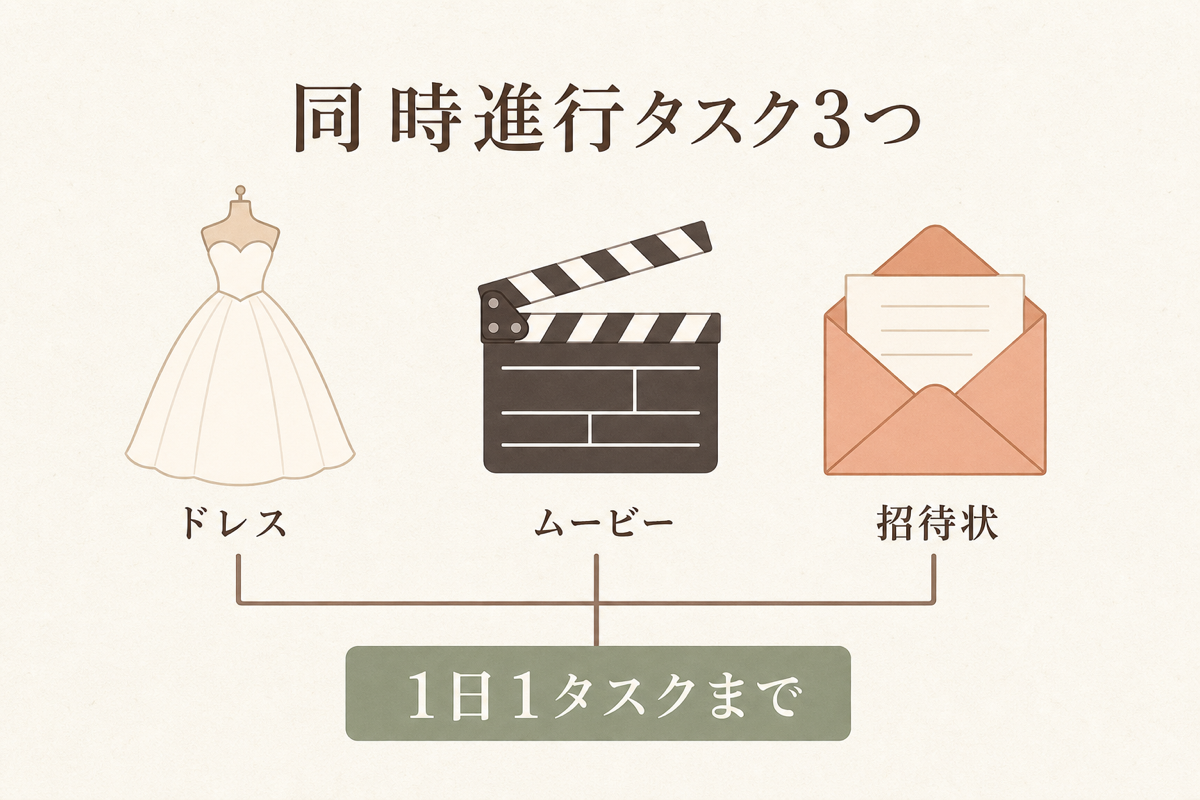 ドレス・ムービー・招待状の同時進行タスク3つの図解