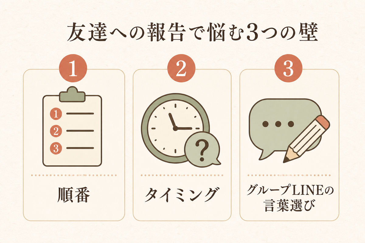 友達への報告で悩む3つの壁の図解