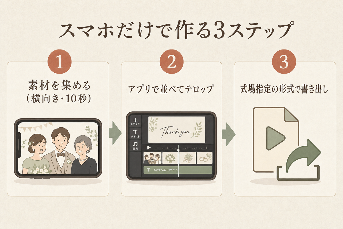 余興ムービーをスマホだけで作る3ステップの図解