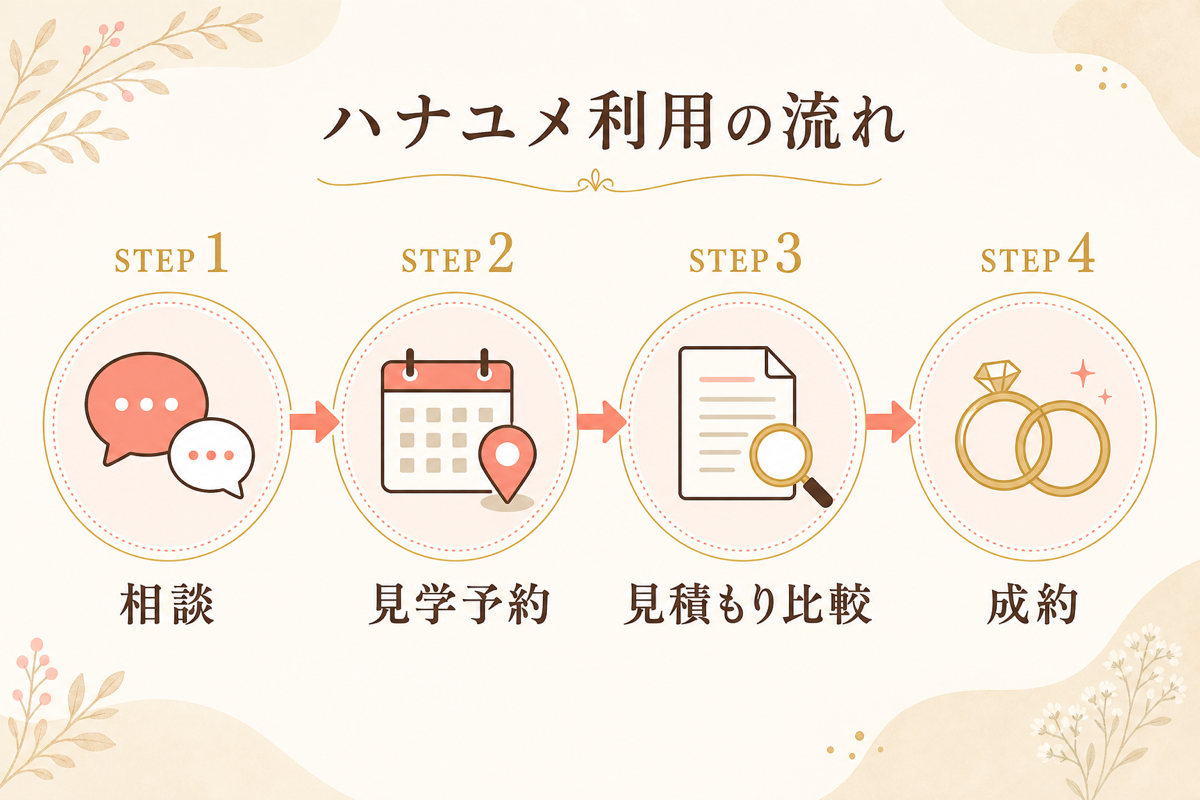 ハナユメ利用の流れ|相談から成約までの4ステップの図解