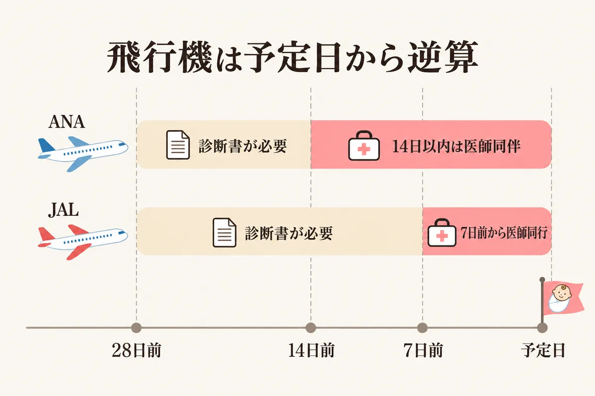 ANAとJALの妊婦向け搭乗条件を予定日から逆算した図