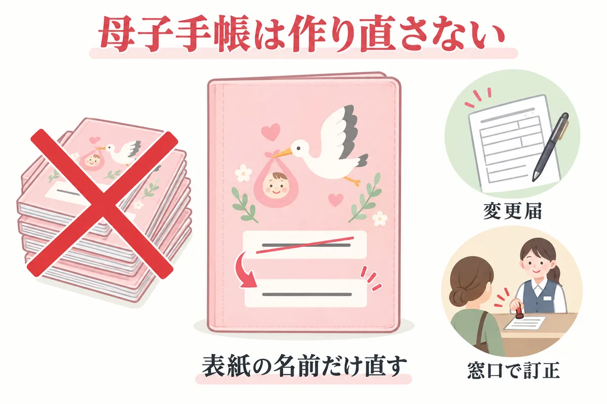 母子手帳は作り直さず表紙の名前だけ直すと示した図
