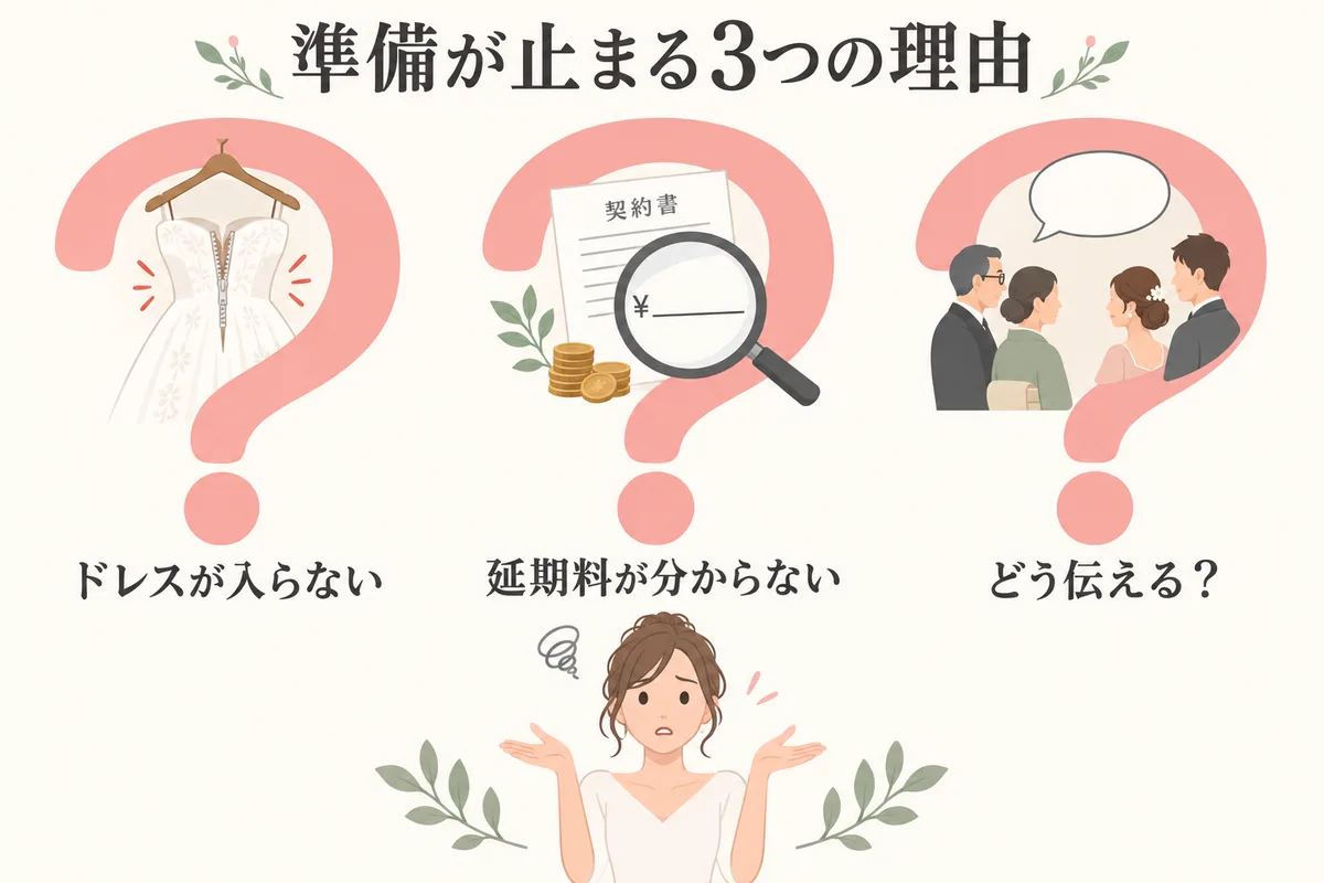 妊娠発覚で結婚式の準備が止まる3つの理由を示した図