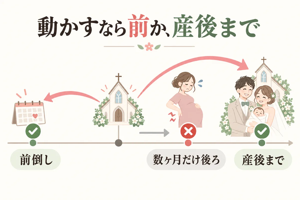 結婚式の日程は前倒しか産後までがよいと示したタイムライン図