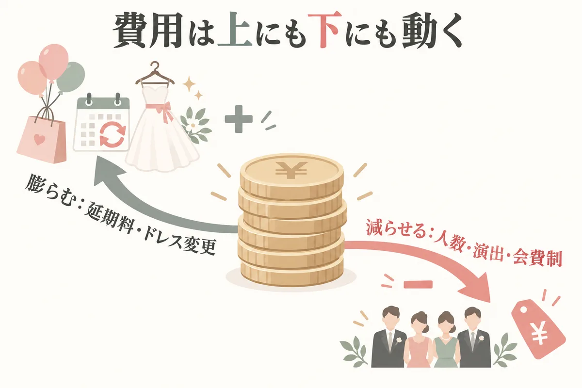 結婚式費用が膨らむ要因と減らせる要因を示した図