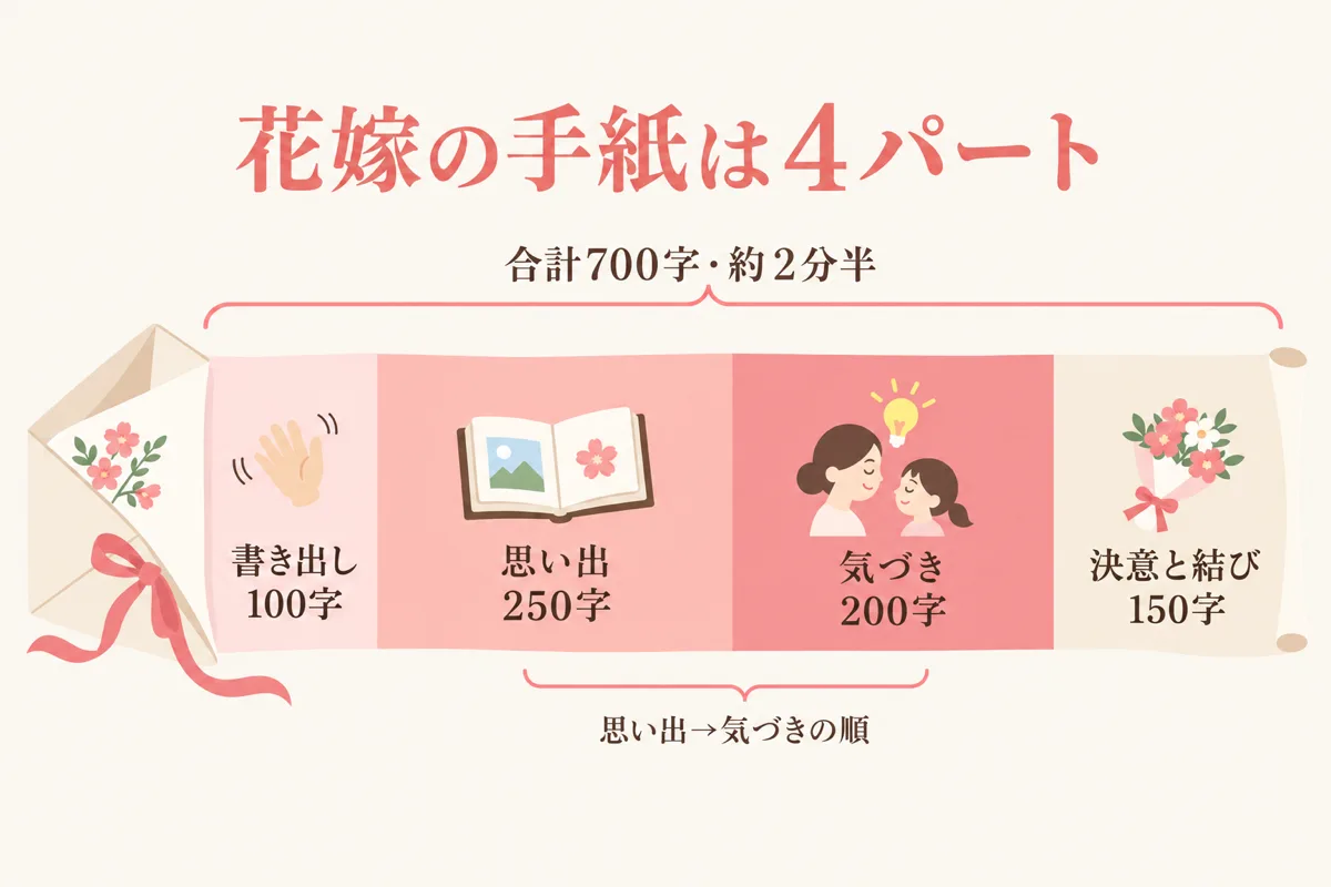 花嫁の手紙の4パート構成と字数配分の図