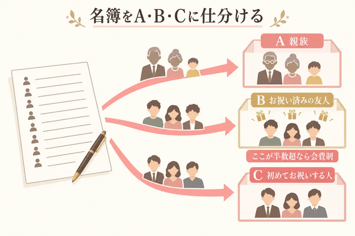 招待客をABCの3グループに仕分ける図