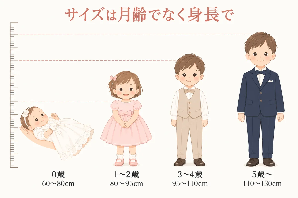年齢別の子供の衣装サイズを身長で示した図