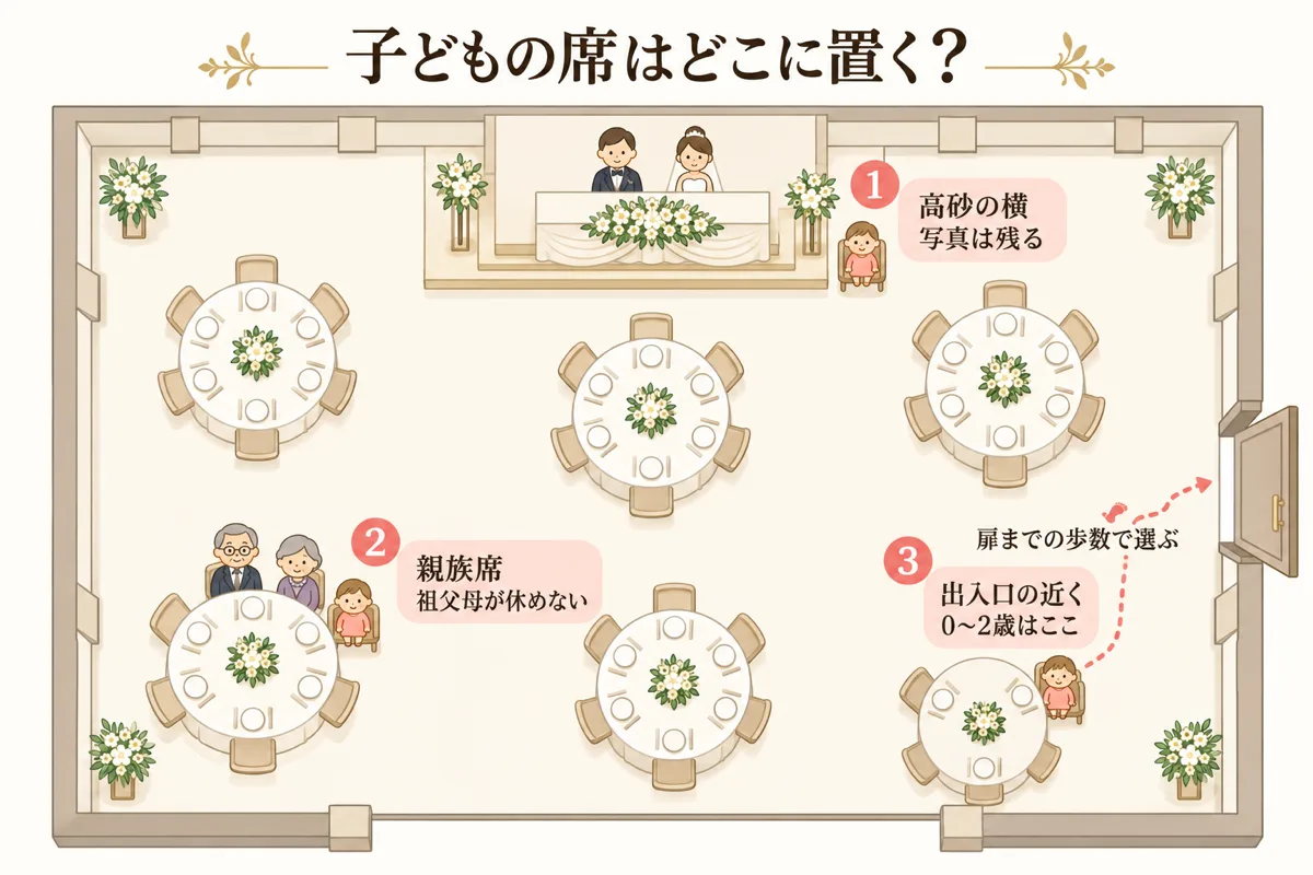子どもの席の3候補を示した会場レイアウト図