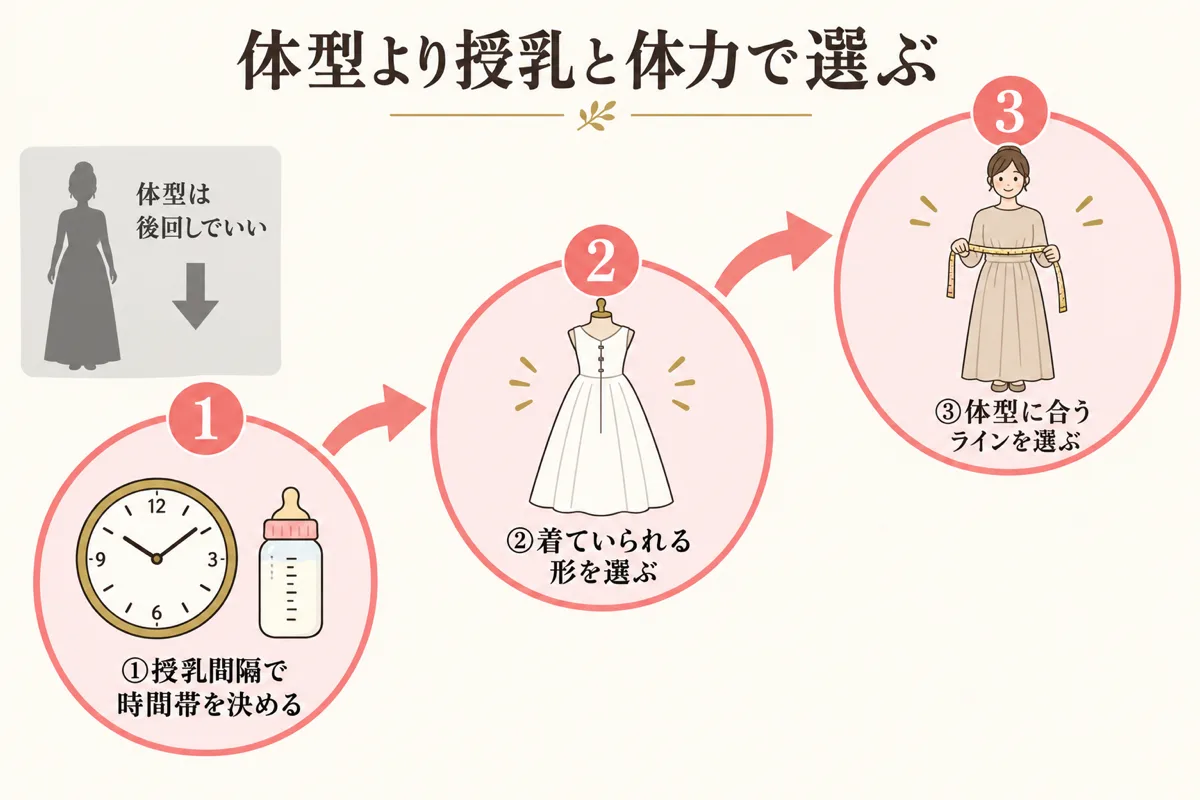 授乳と体力から順に決めるドレス選びの図