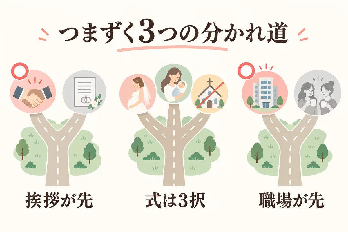 授かり婚の順番でつまずく3つの分かれ道を示した図