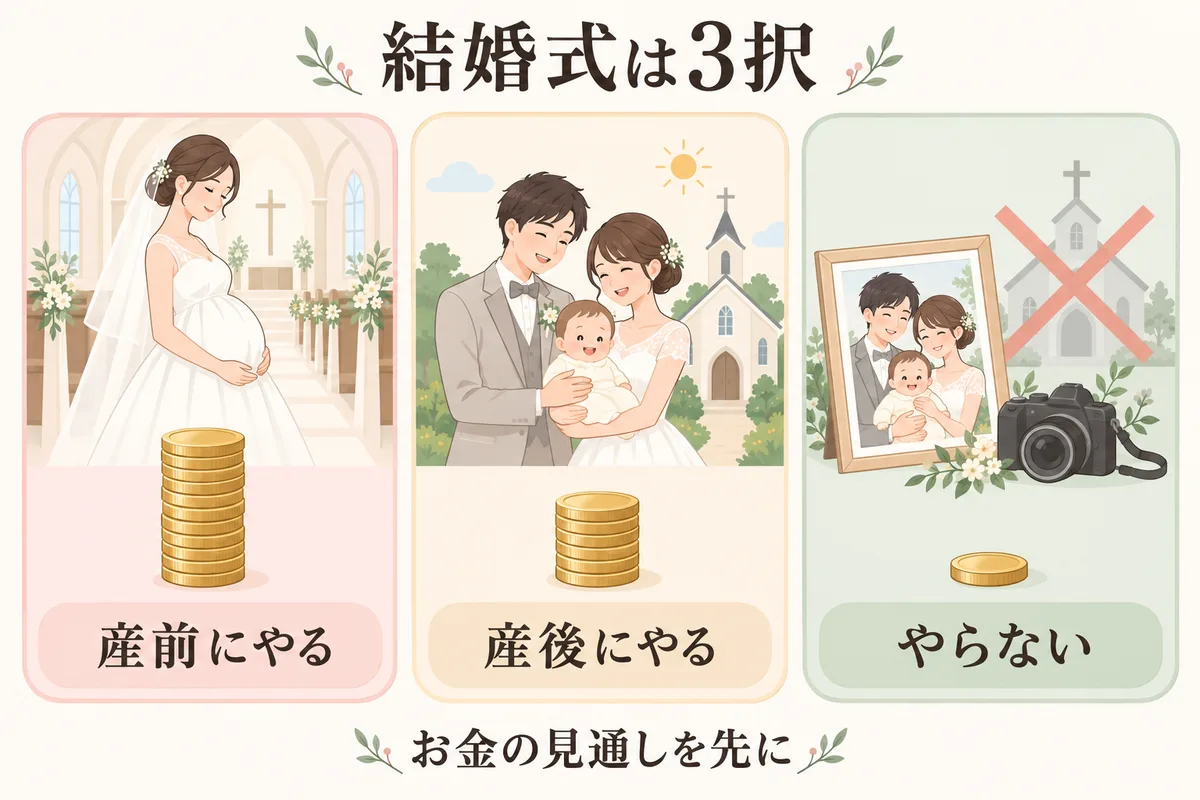 結婚式を産前・産後・しないの3択で費用とともに比べた図