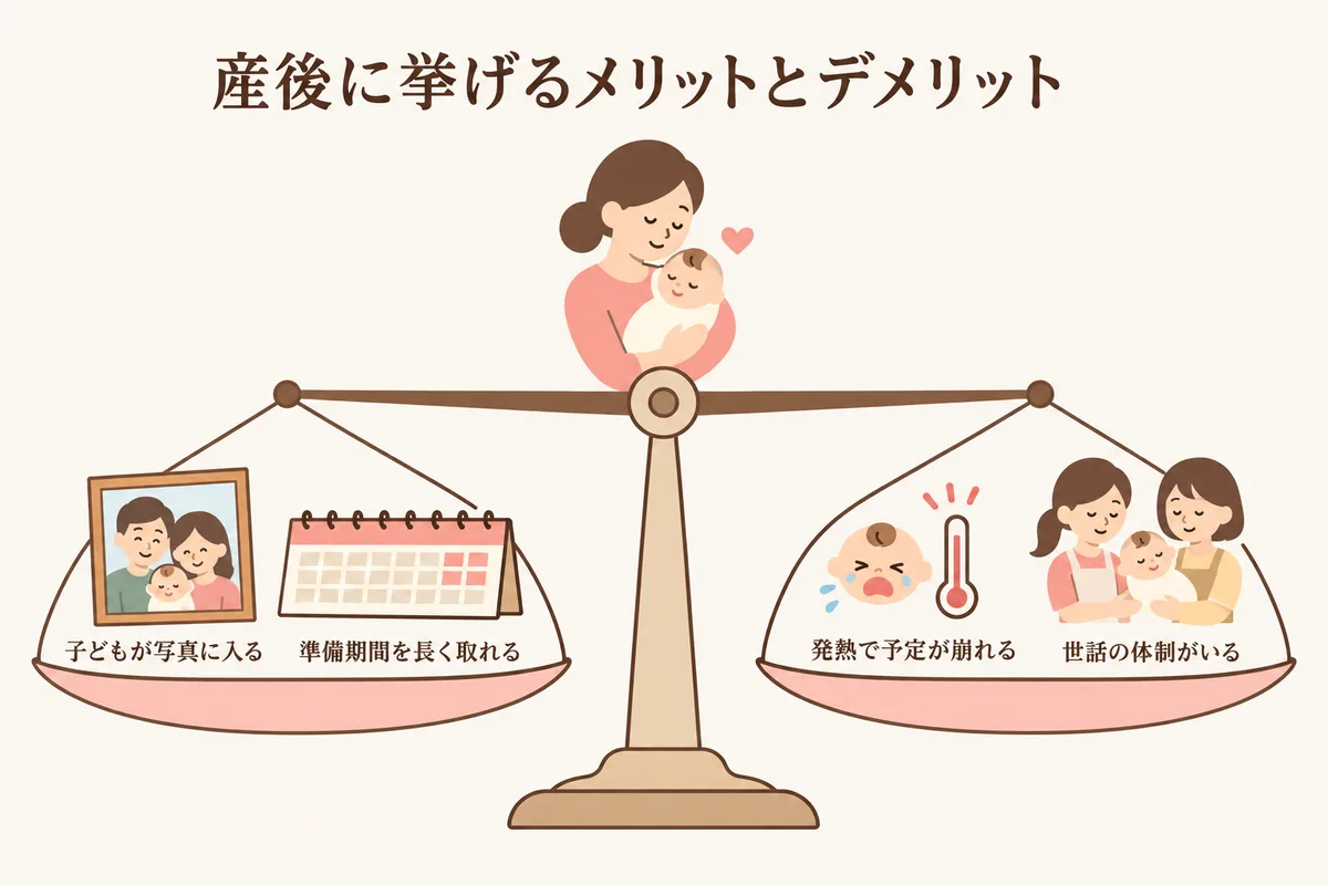 産後に挙げる長所と短所の天秤図解