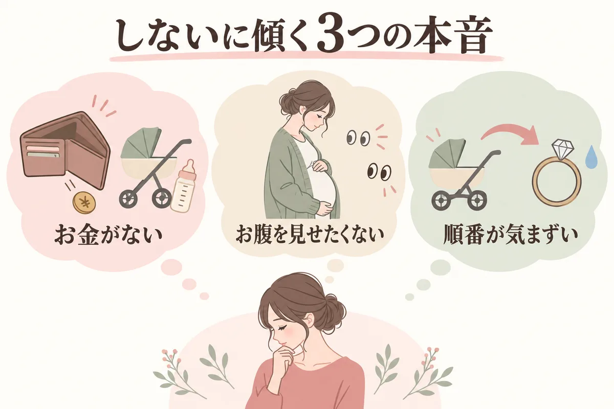 結婚式をしないに傾く3つの本音を吹き出しで示した図