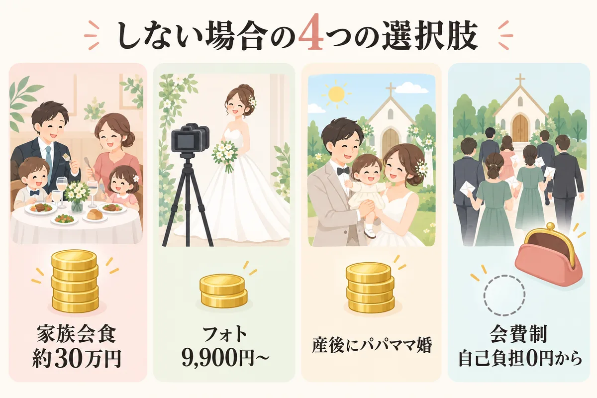 結婚式をしない場合の4つの選択肢と費用を比べた図