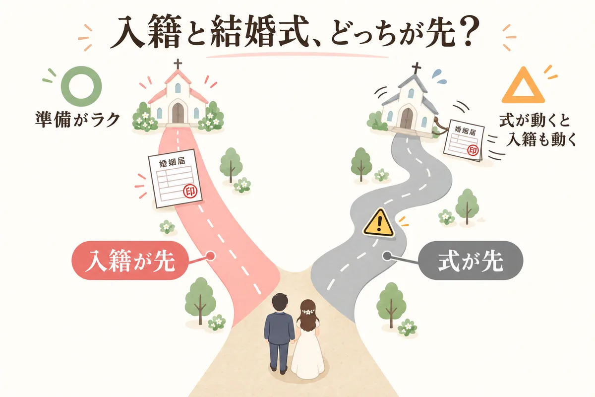 入籍が先か結婚式が先かを分かれ道で示した図