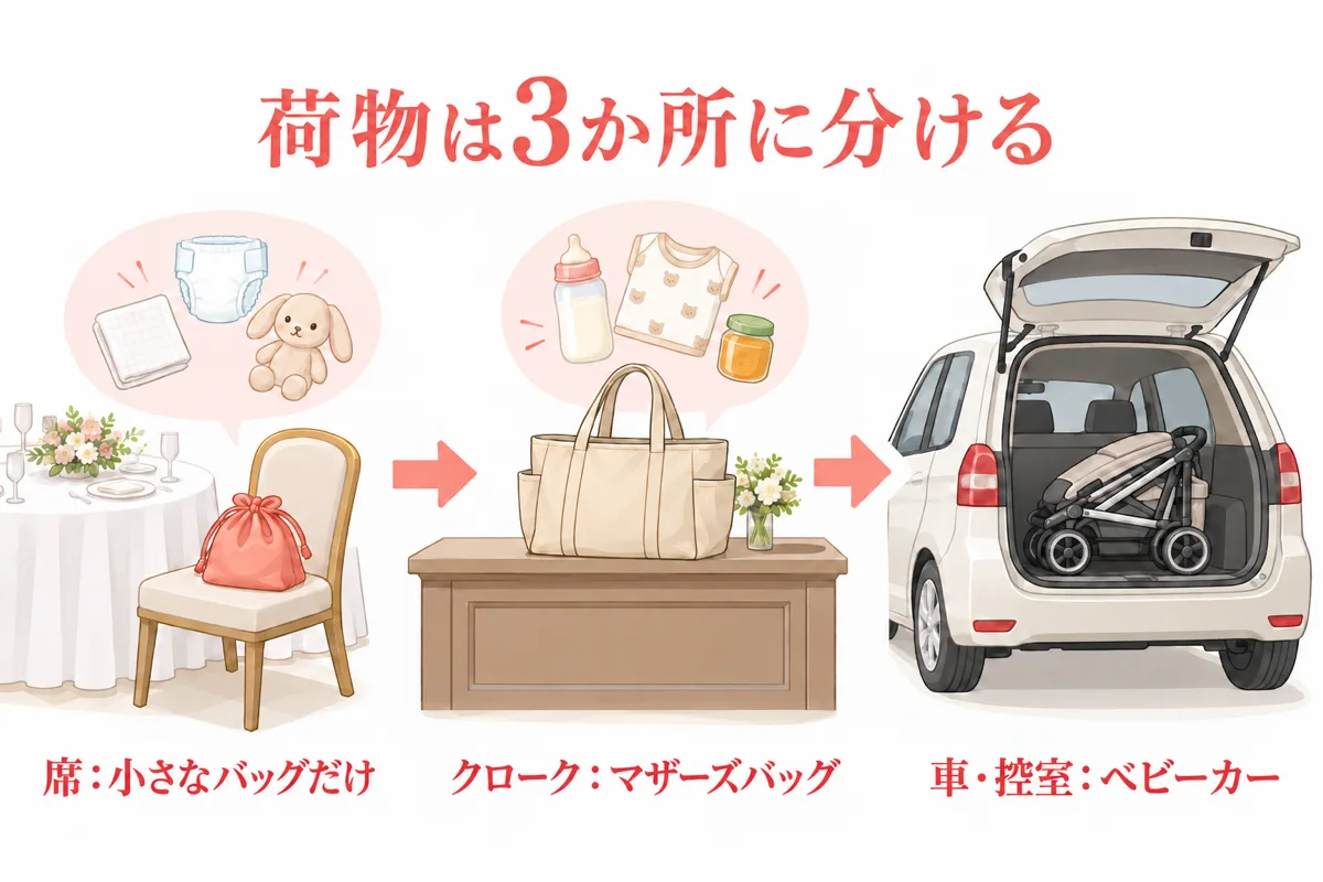 荷物を席・クローク・車の3か所に分ける図