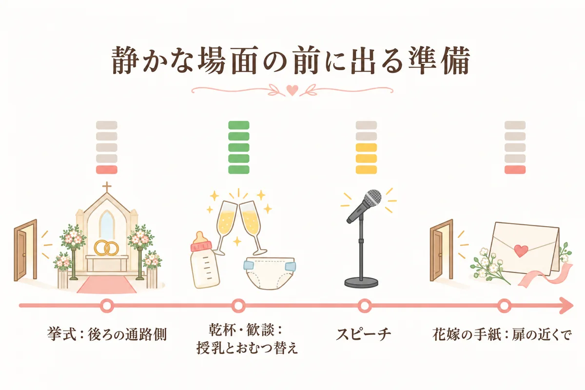 静かな場面の前に席を出る準備のタイムライン