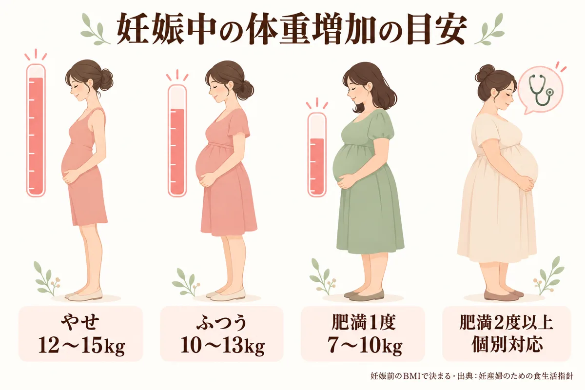 妊娠前の体格別・妊娠中の体重増加の目安