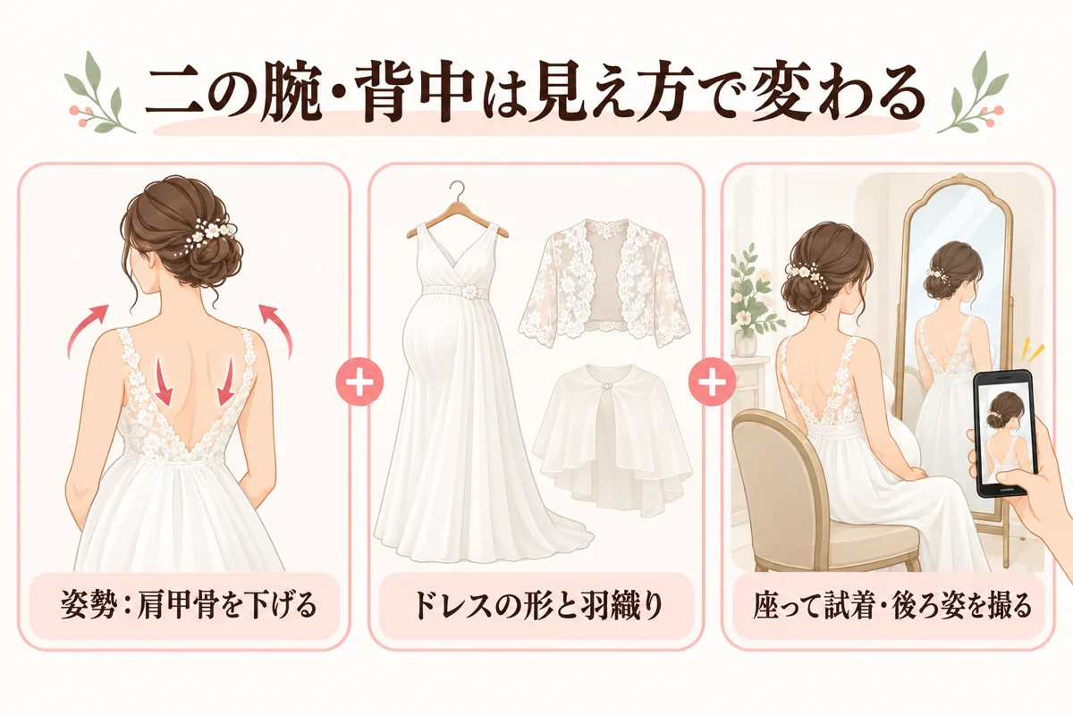 二の腕・背中を細く見せる姿勢・ドレス・試着の3つ