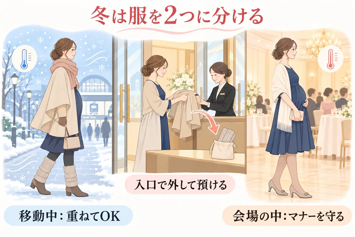 冬は移動中と会場で服を2つに分ける図