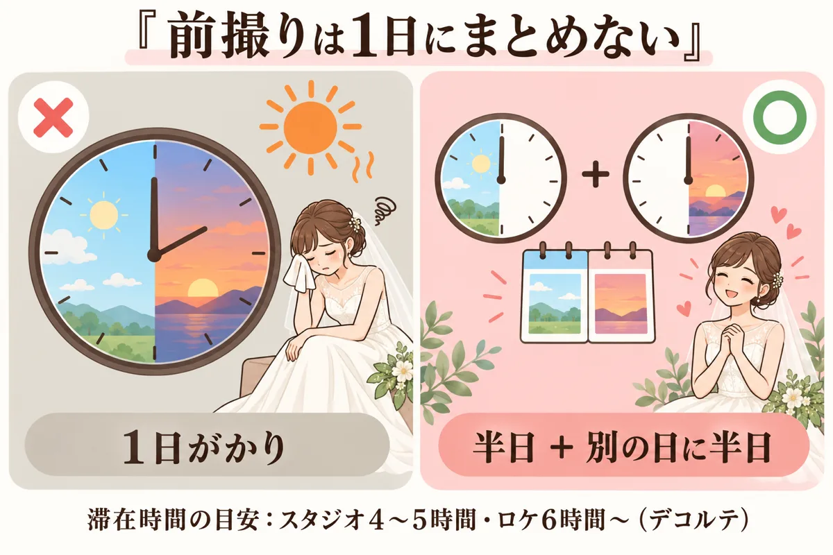 前撮りを1日がかりにせず半日ずつに分ける図