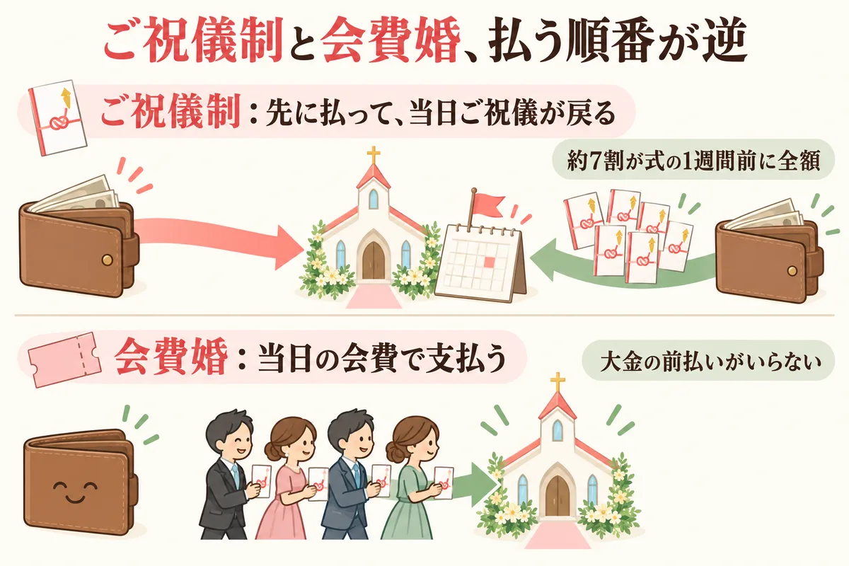 ご祝儀制と会費婚で支払いの順番が逆になる比較