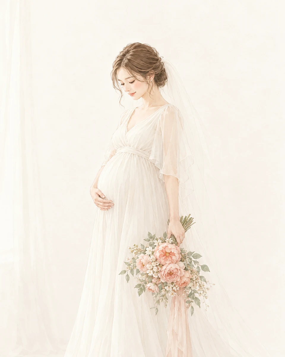 ウェディングドレスを着て、お腹に手を当てる妊娠中の花嫁のイラスト