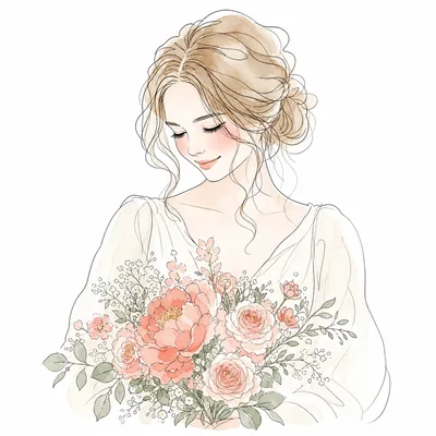 ブーケを持つ、みのりの似顔絵イラスト